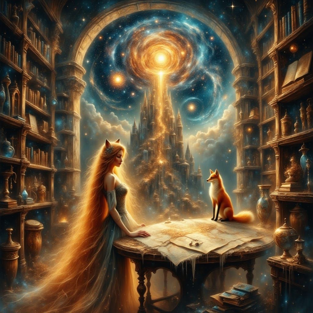 Celestial Cartographer Woman With Fox In Interdimensional Li...