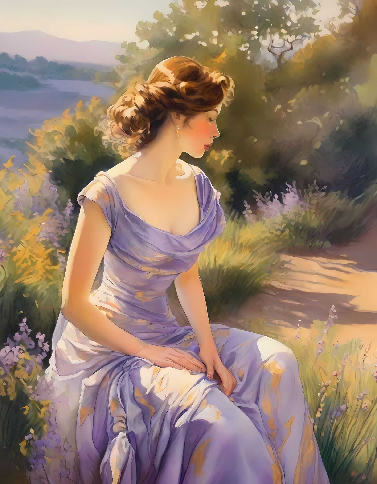 Serene Woman in Sun-Drenched Landscape, Watercolor Illustrat...