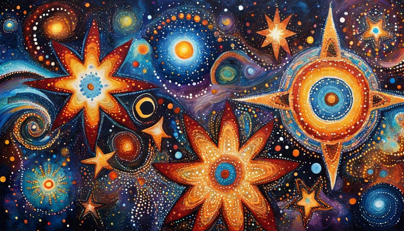 Aboriginal Dot Painting of Twisting Stars