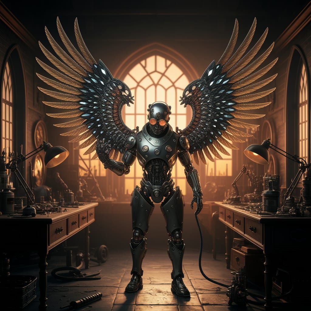 Steampunk Artisan Crafts Cybernetic Wings in Gothic Workshop