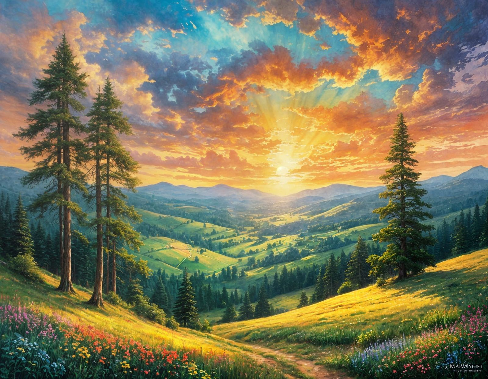 Fantasy Summer Sunset Watercolor Landscape