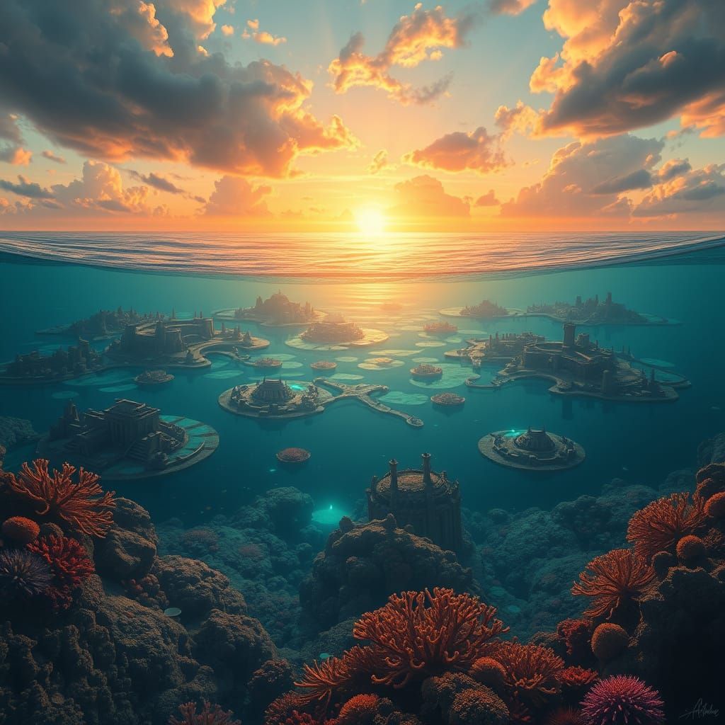 Surreal Underwater Realm in Dreamlike Sunset Light