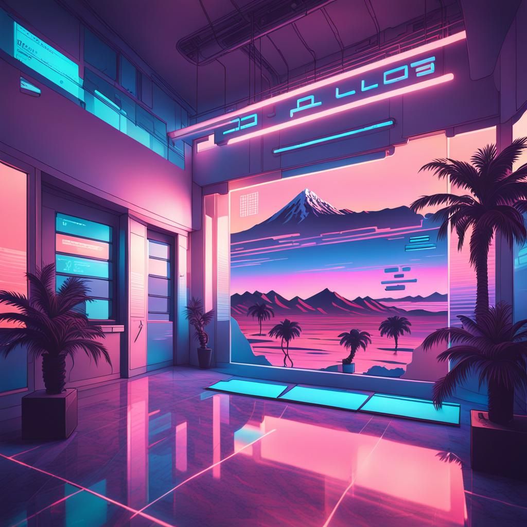 Vaporwave Room with Digital Palm Trees
