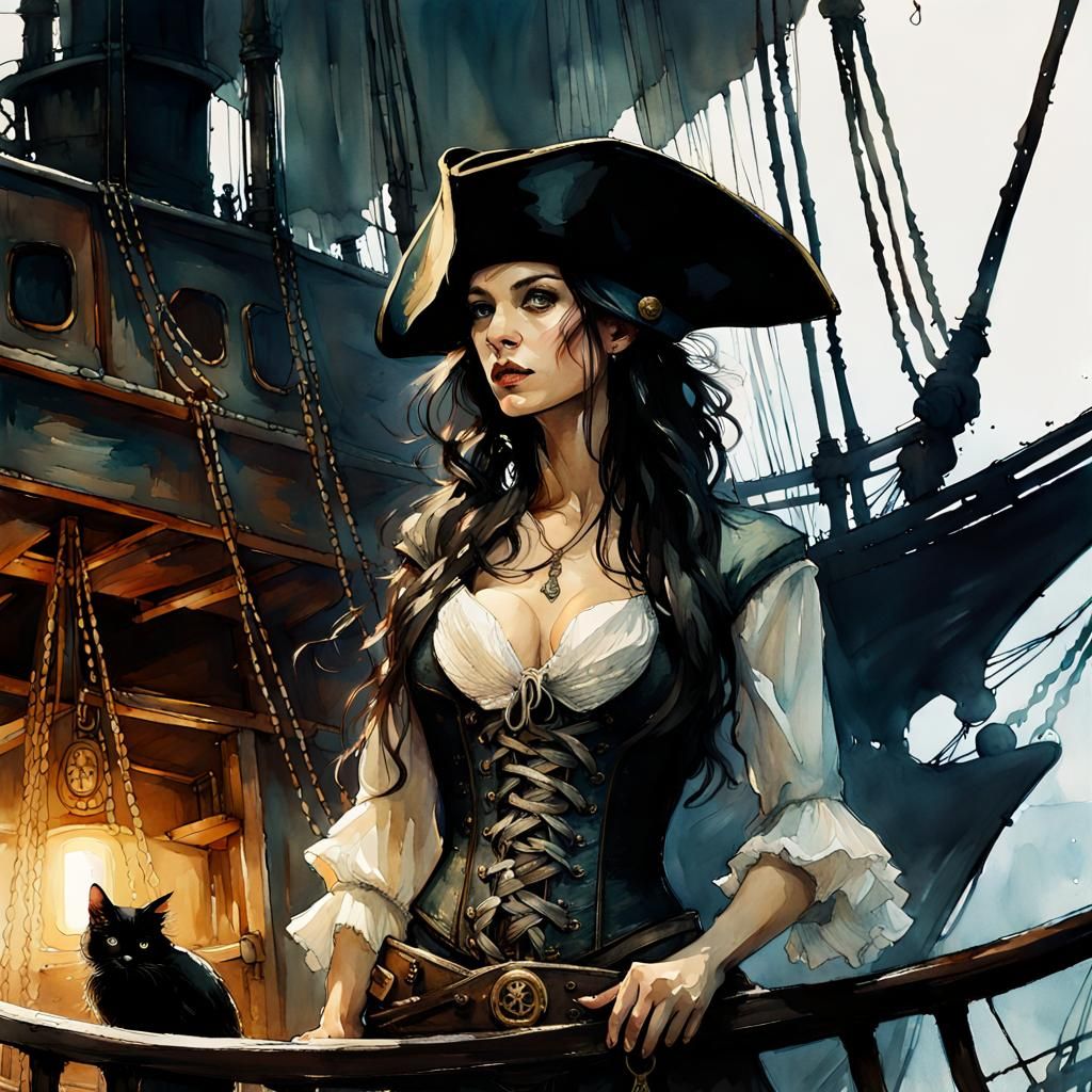 Goddess-like Pirate with Cat Watercolor Painting