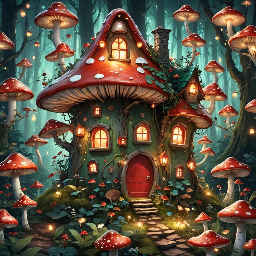 Whimsical Mushroom House in Lush Forest Concept Art