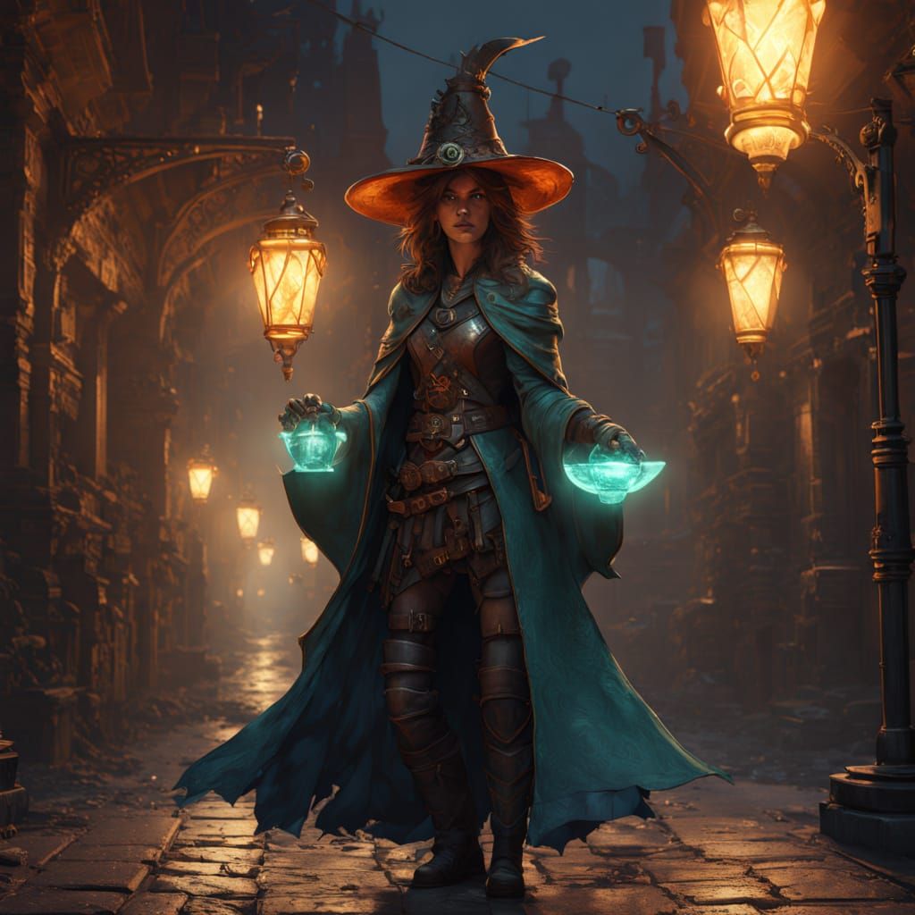 Steampunk Witch with Glowing Lantern