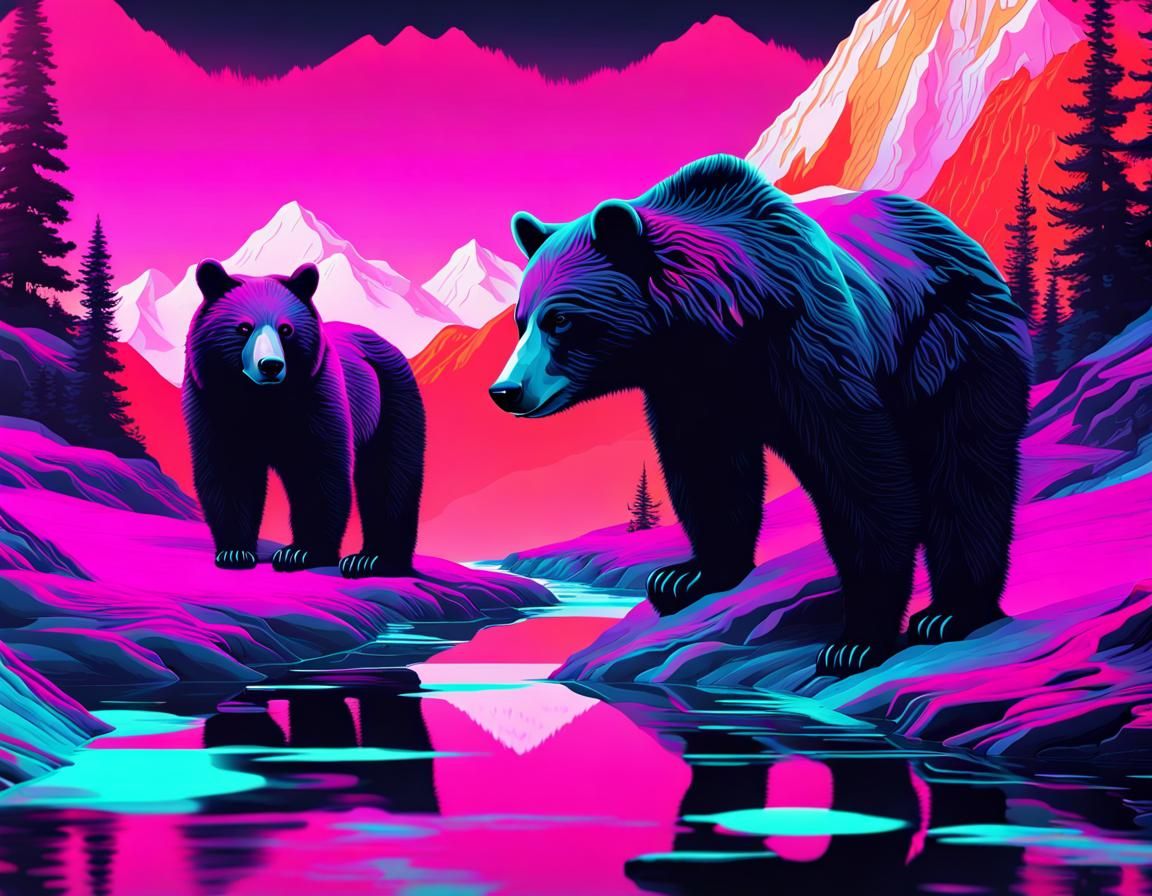 Black Bears in Vaporwave Dreamscape