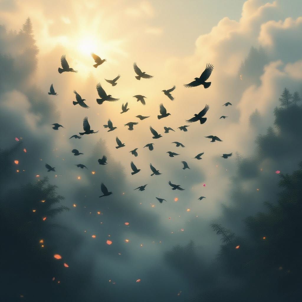 Massive Crow Flock in Enchanted Misty Landscape