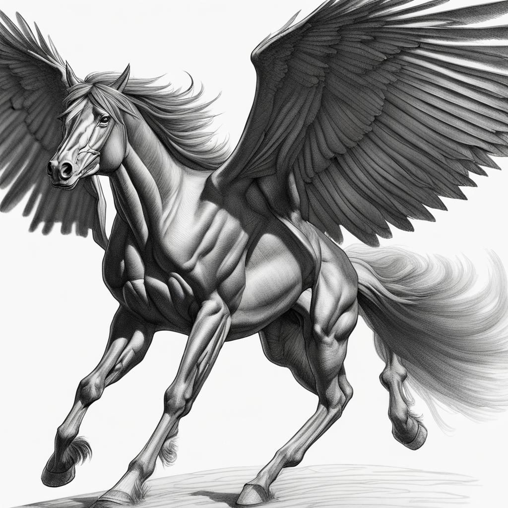 Winged Metal Stallion in Flight: Tartakovsky-Style Sketch