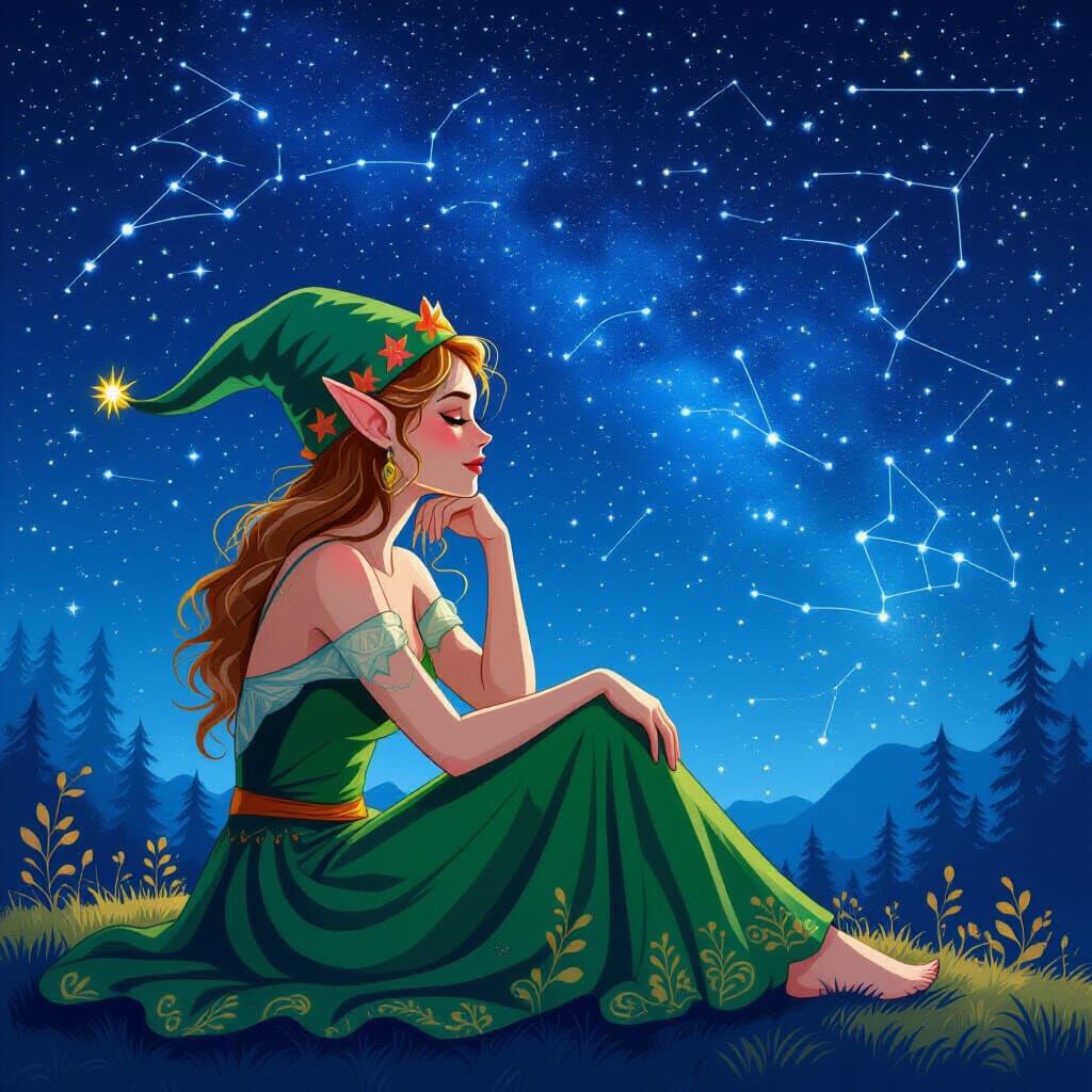 Elf Woman Gazing at Starry Night Sky