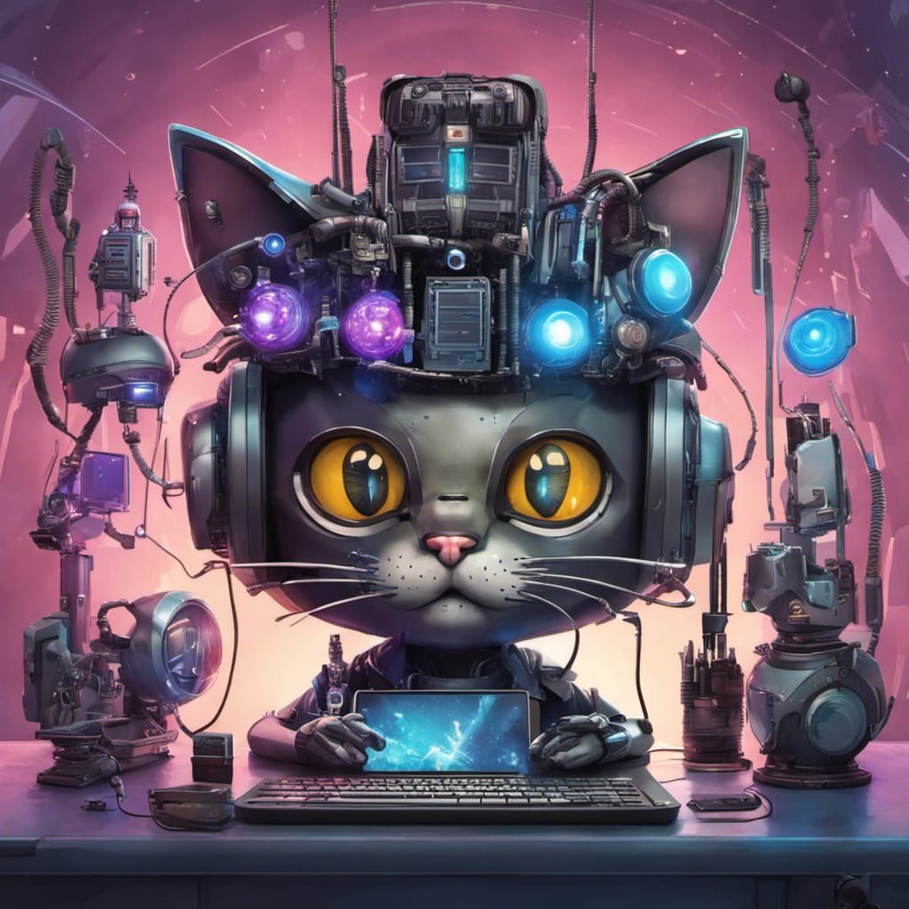 Cyberpunk Android Cat Navigator in Bubblehead Robot