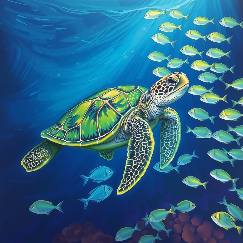 Green Sea Turtle Swimming with Fish