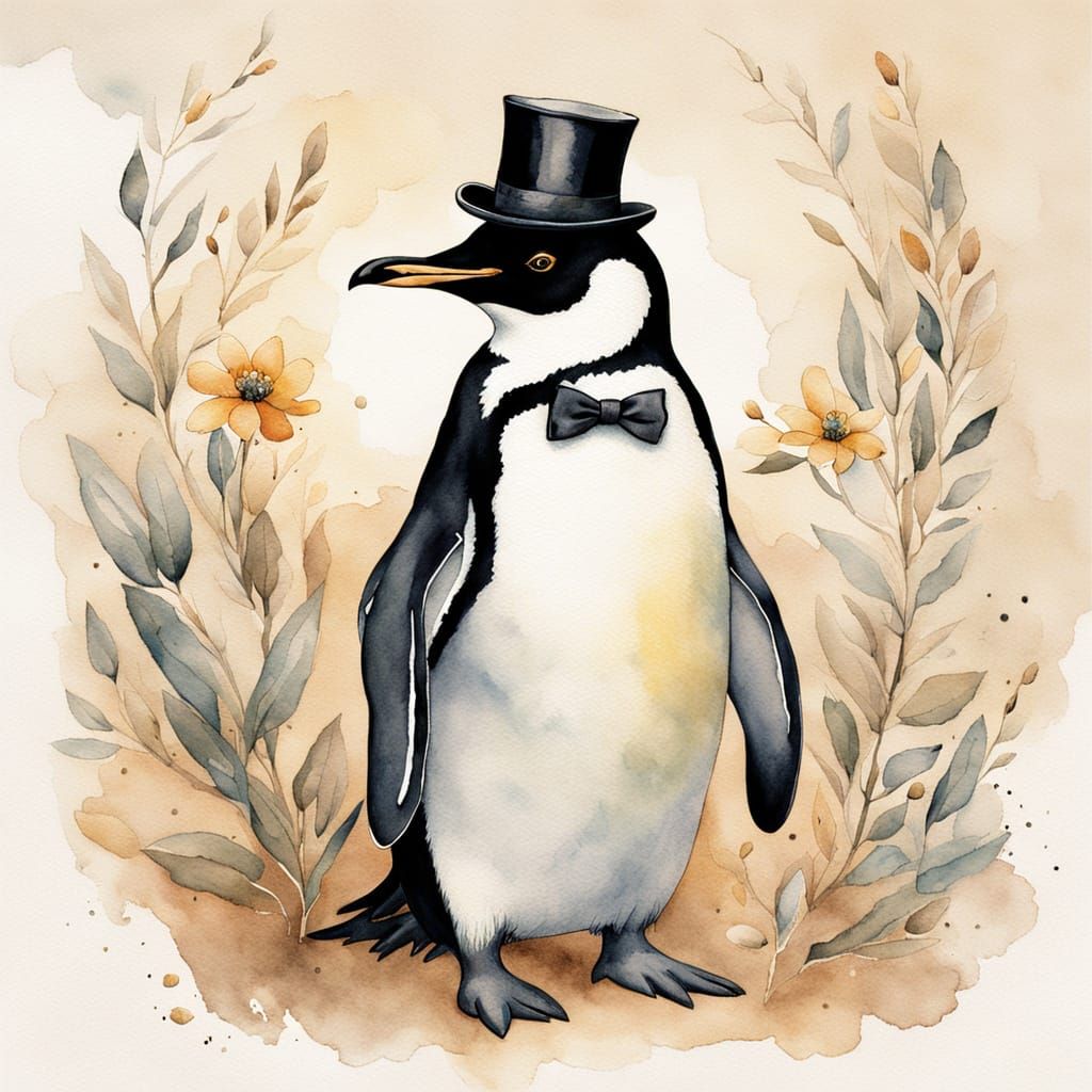 Penguin in Tuxedo: Watercolor Illustration
