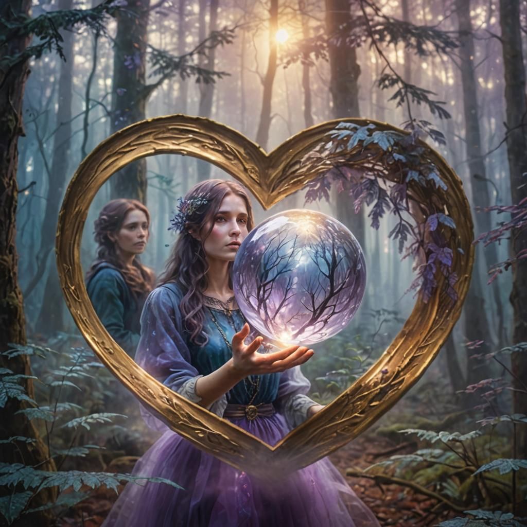 Ethereal Woman with Crystal Orb in Misty Forest