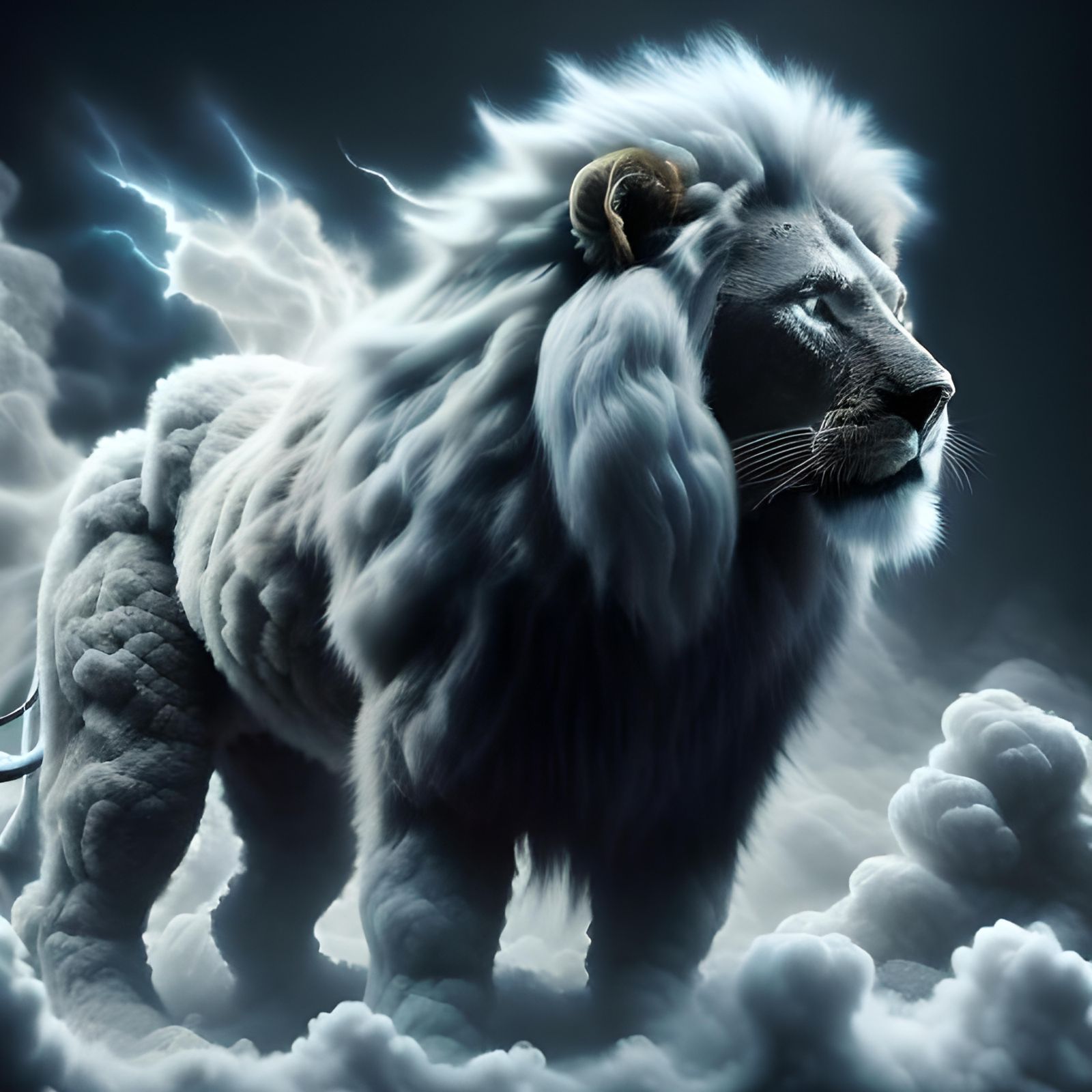 Cloud Lion Soaring Through Galactic Skies