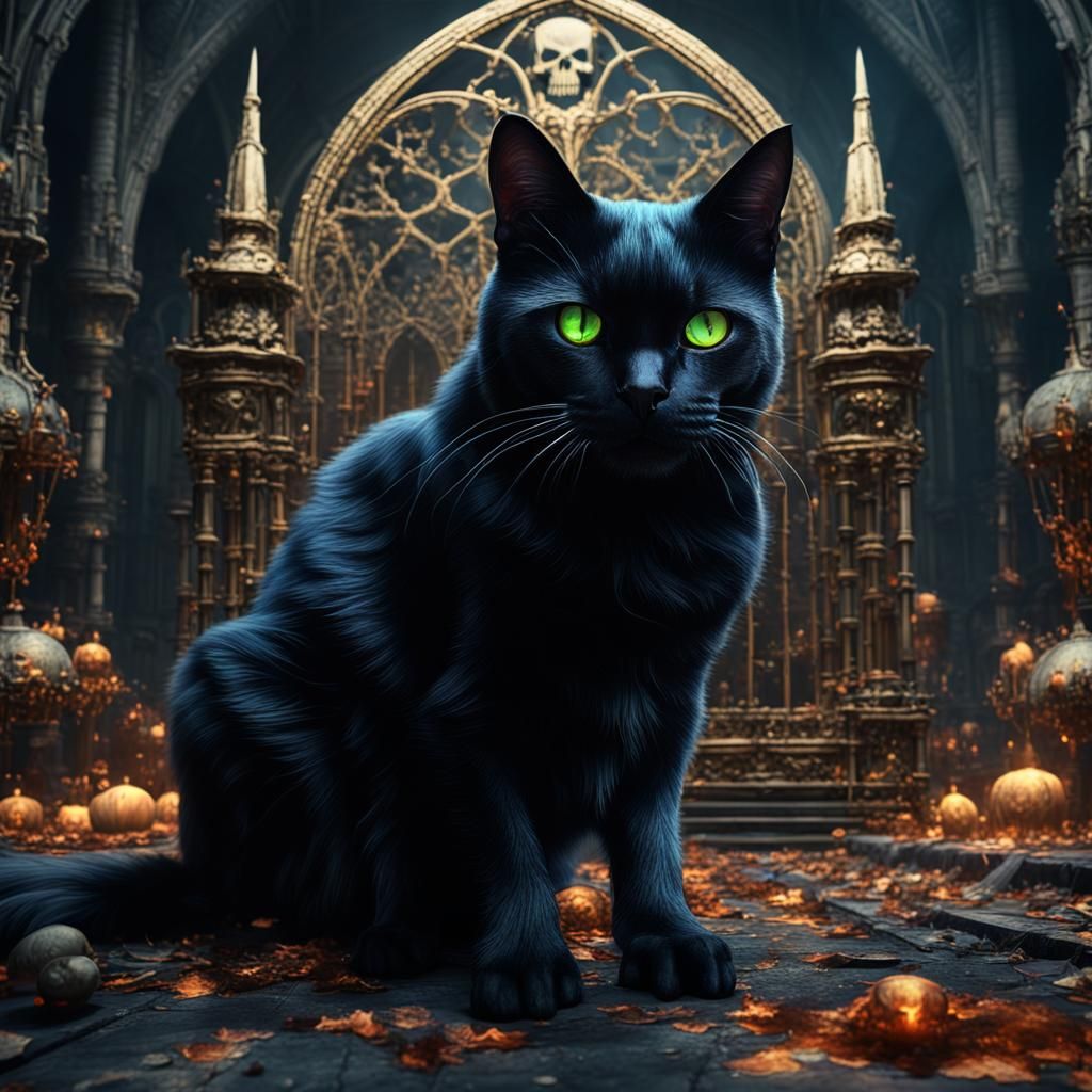 Gothic Skull Black Cat: Detailed Matte Painting