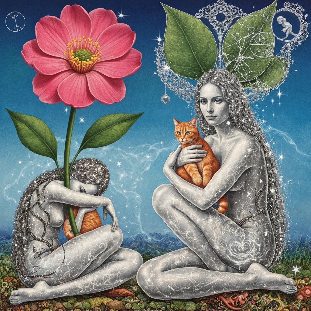 Ethereal Woman Holds Cat Amidst Bioluminescent Swirls