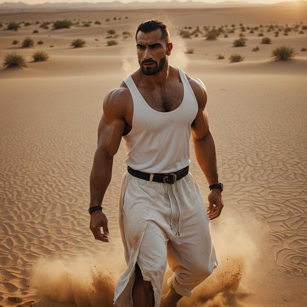 Arab Bodybuilder in Desert Sunset: Cinematic Film Still