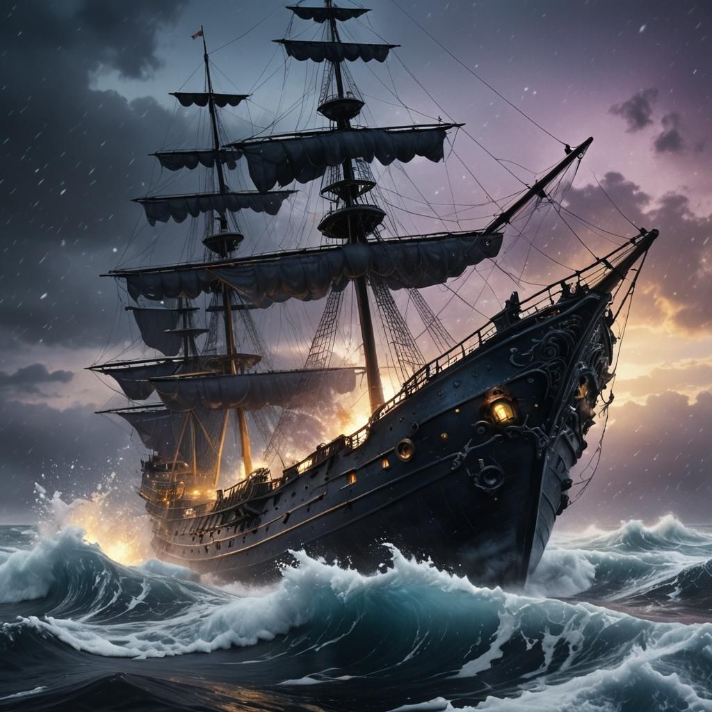 Black Pearl Shipwreck in Icy Ocean, Fantasy Art