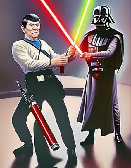 Light saber duel between Mr. Spock and Darth Vader