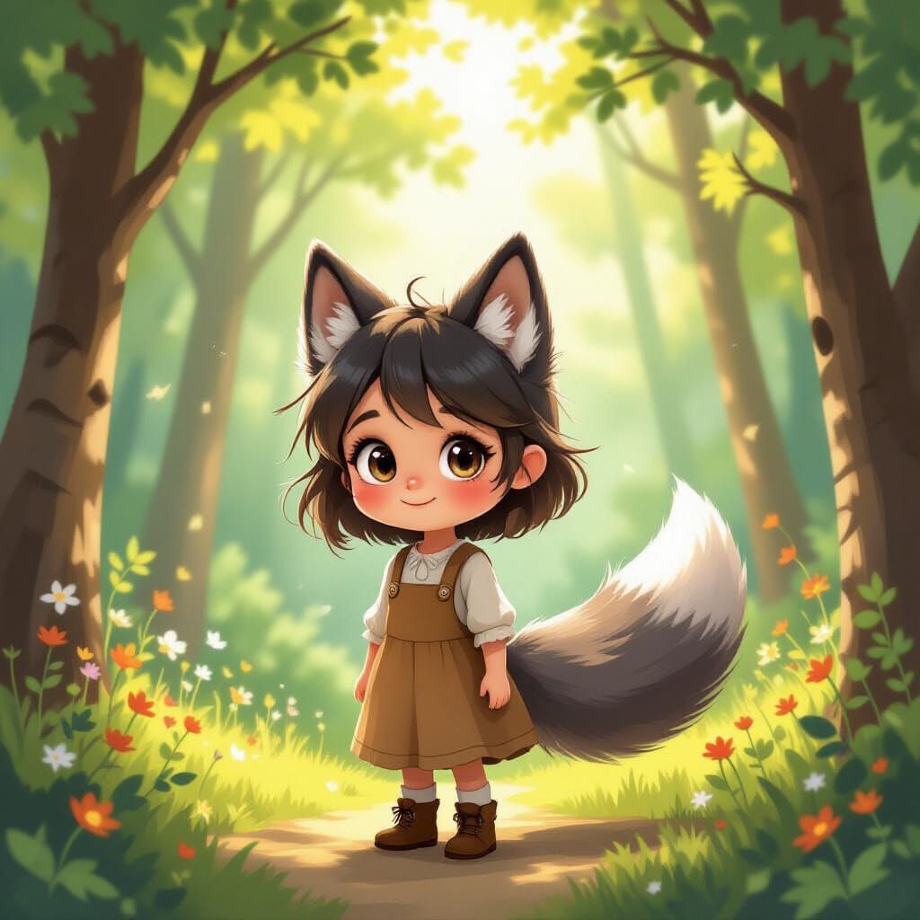 Girl with Wolf Tail in Sunlit Forest Illustration
