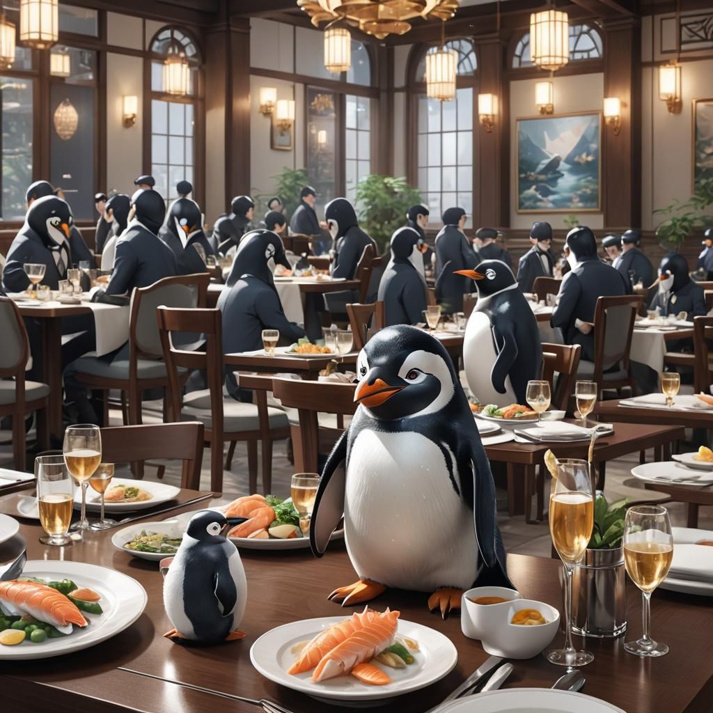 Adorable Penguin Enjoying Fine Dining: 3D Anime Art
