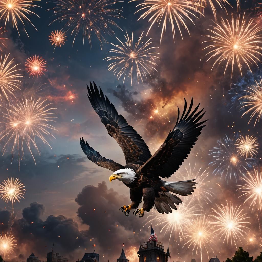 Eagle Soaring Through Fireworks on Independence Day
