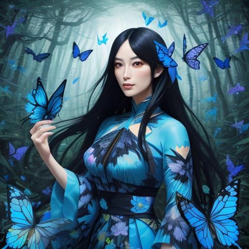 Psychedelic Girl in Blue Forest with Butterflies