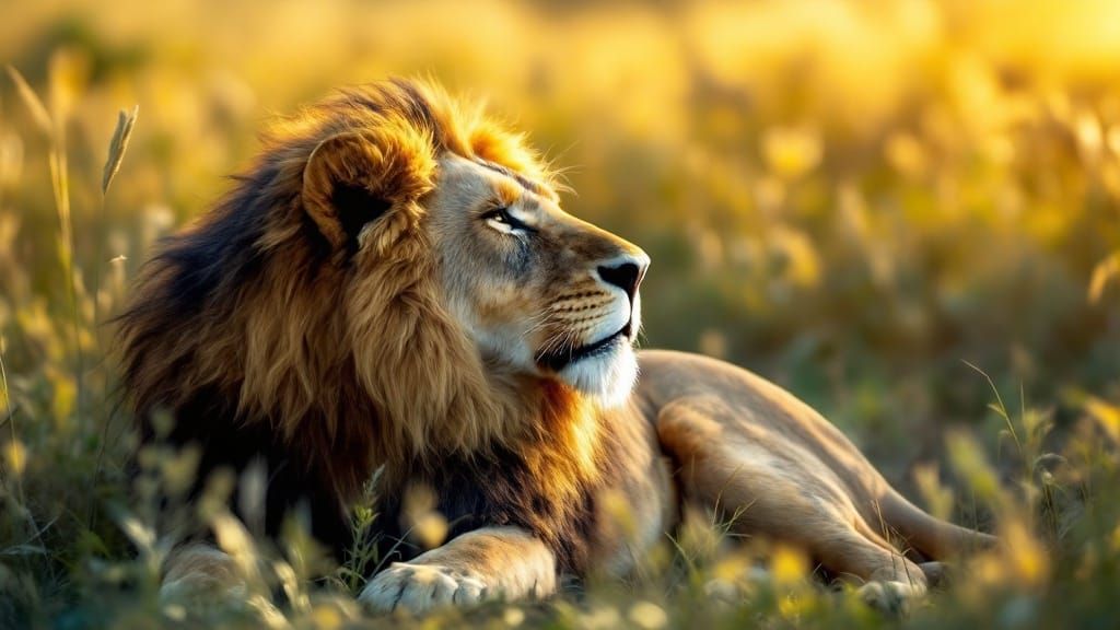 Lion in Serene Countryside Landscape