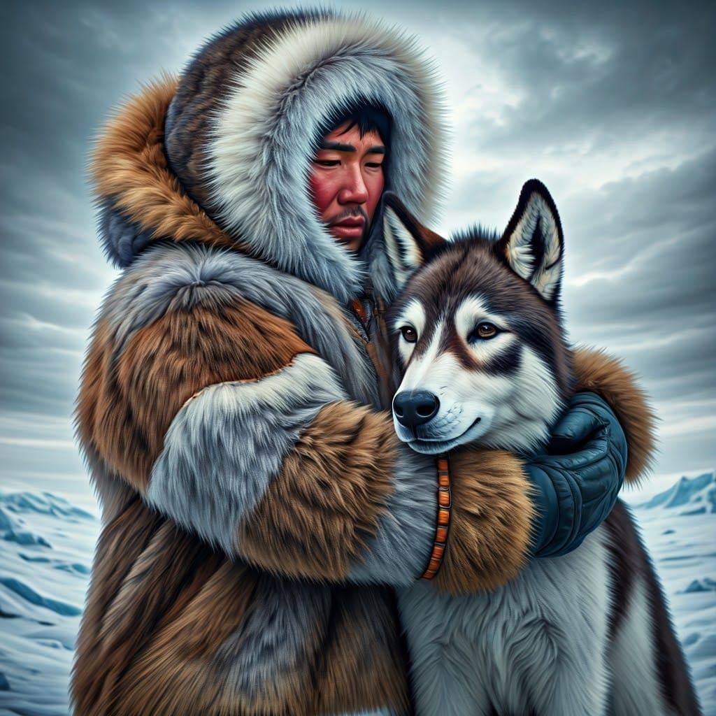 Hyperrealistic Inuit Man Hugging Husky in Arctic