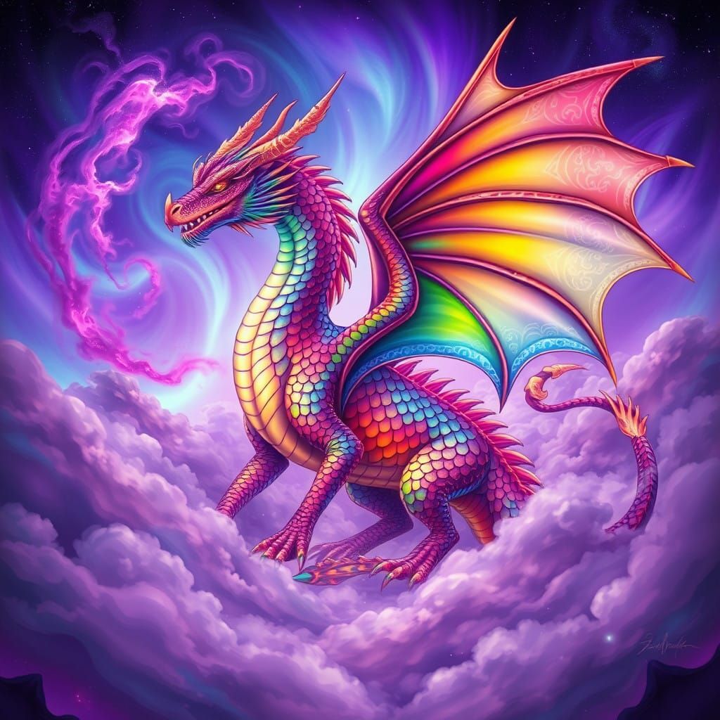 Enchanted Cosmic Dragon in Vibrant Rainbow Scales