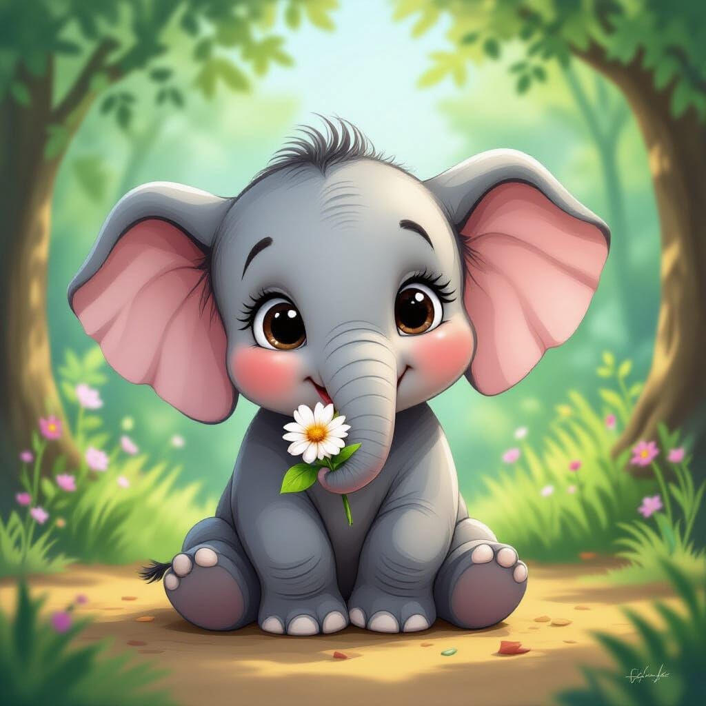 Cute Elephant in Fantasy Forest, Cartoon Style