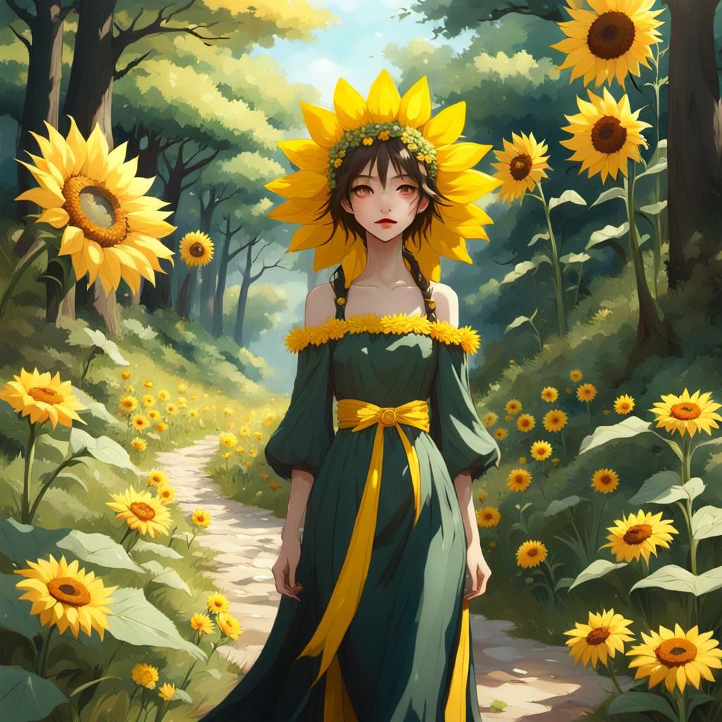 Woman in Sunflower Headdress: 3D Anime Art