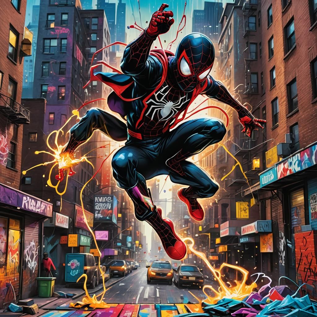 Miles Morales Graffiti Street Art in Polychromatic Cityscape