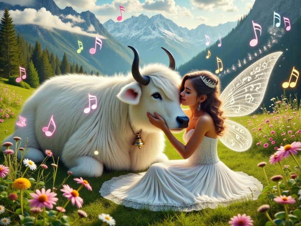 Magical Alpine Fairy and Cow Embrace
