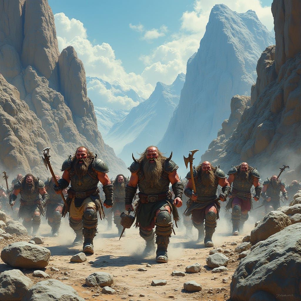 Furious Dwarves Clash with Orcs in a Panoramic Mountain Mele...