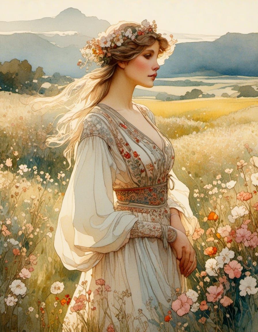 Breton Woman in Bigouden Dress, Art Nouveau Watercolor