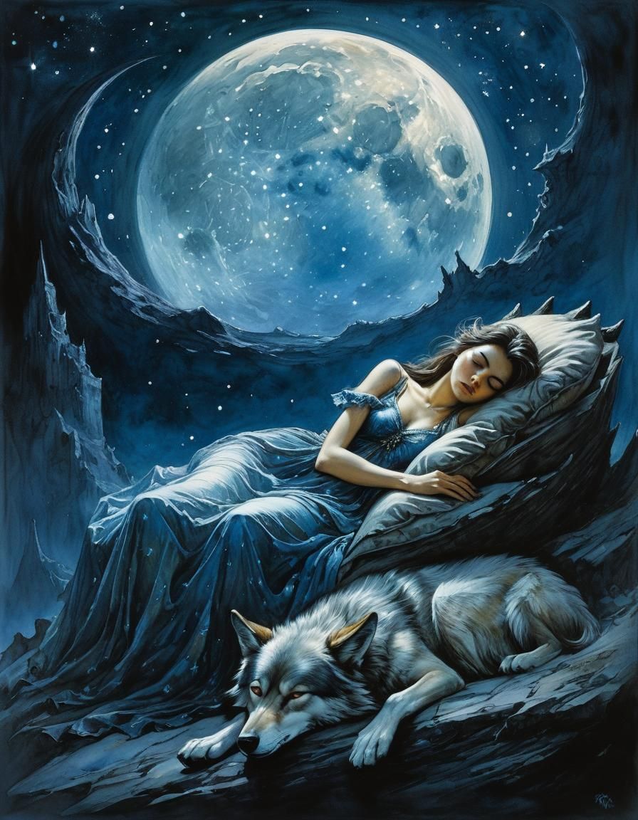 Girl and Wolf on Moon in Watercolor Style