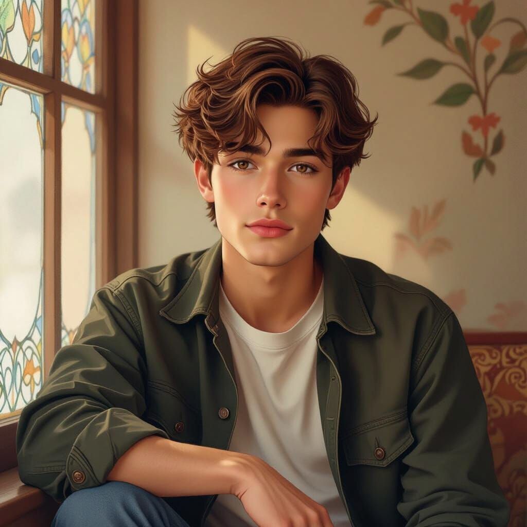 Young Man with Brown Hair in Art Nouveau Style