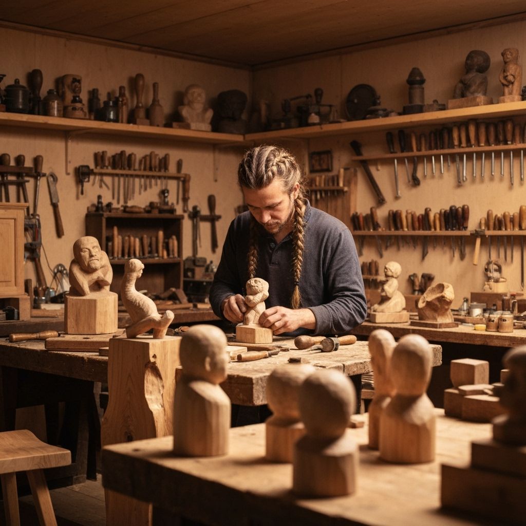 Intricate Wood Carvings in Rustic Workshop