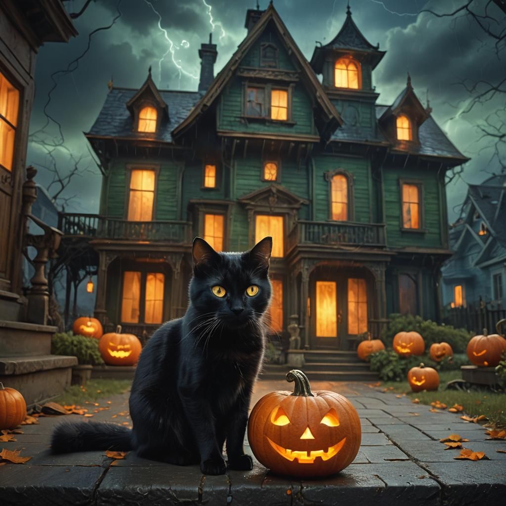 Black Cat and Jack-o'-Lantern in Dark Fantasy Style