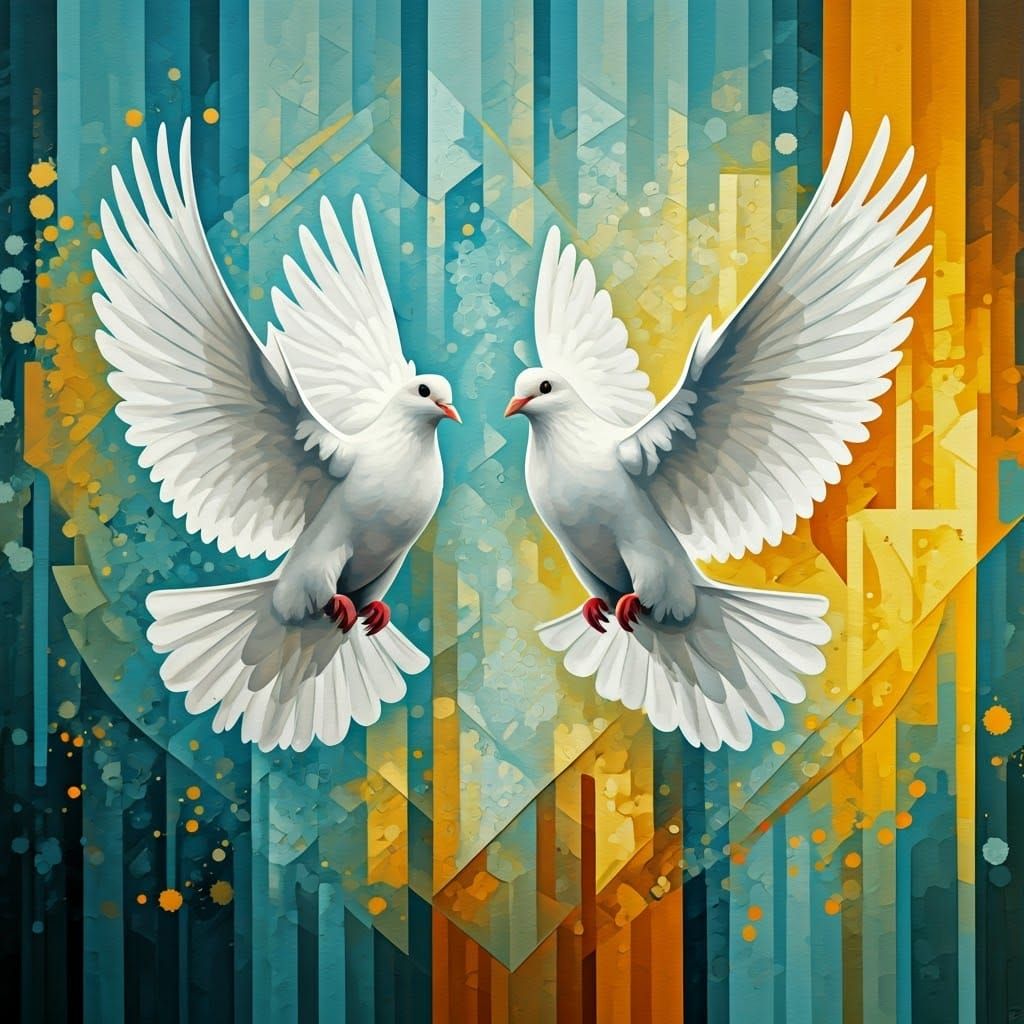 Vibrant Cubist Doves in Flight