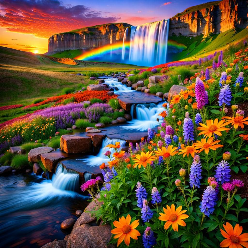 Colorful Wildflowers and Waterfall at Sunset