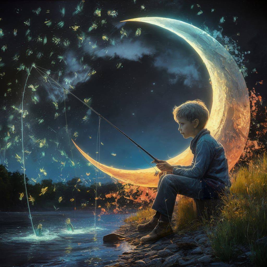 Boy Fishing at Night: Surreal Double Exposure Portrait
