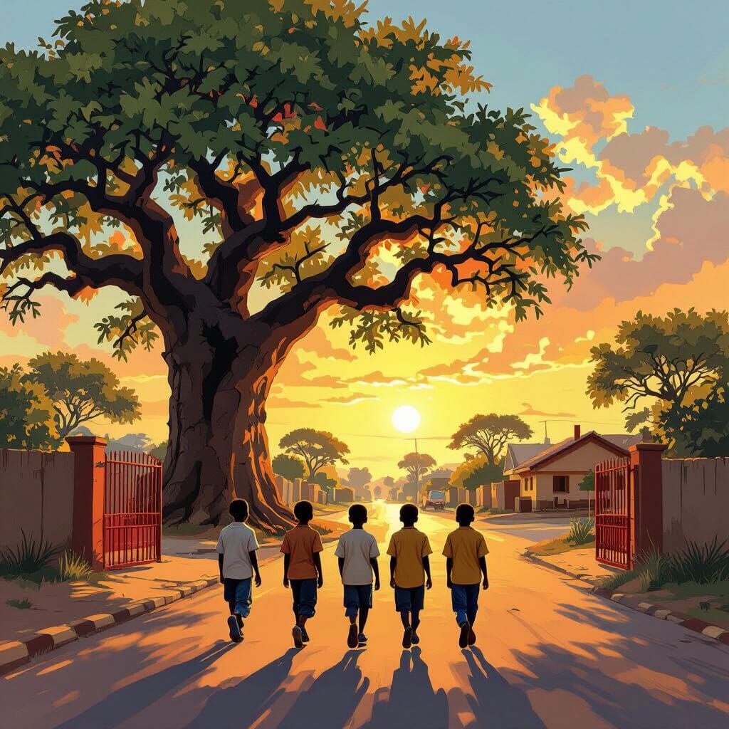 Boys Walk Towards Baobab Tree in Golden Hour Light