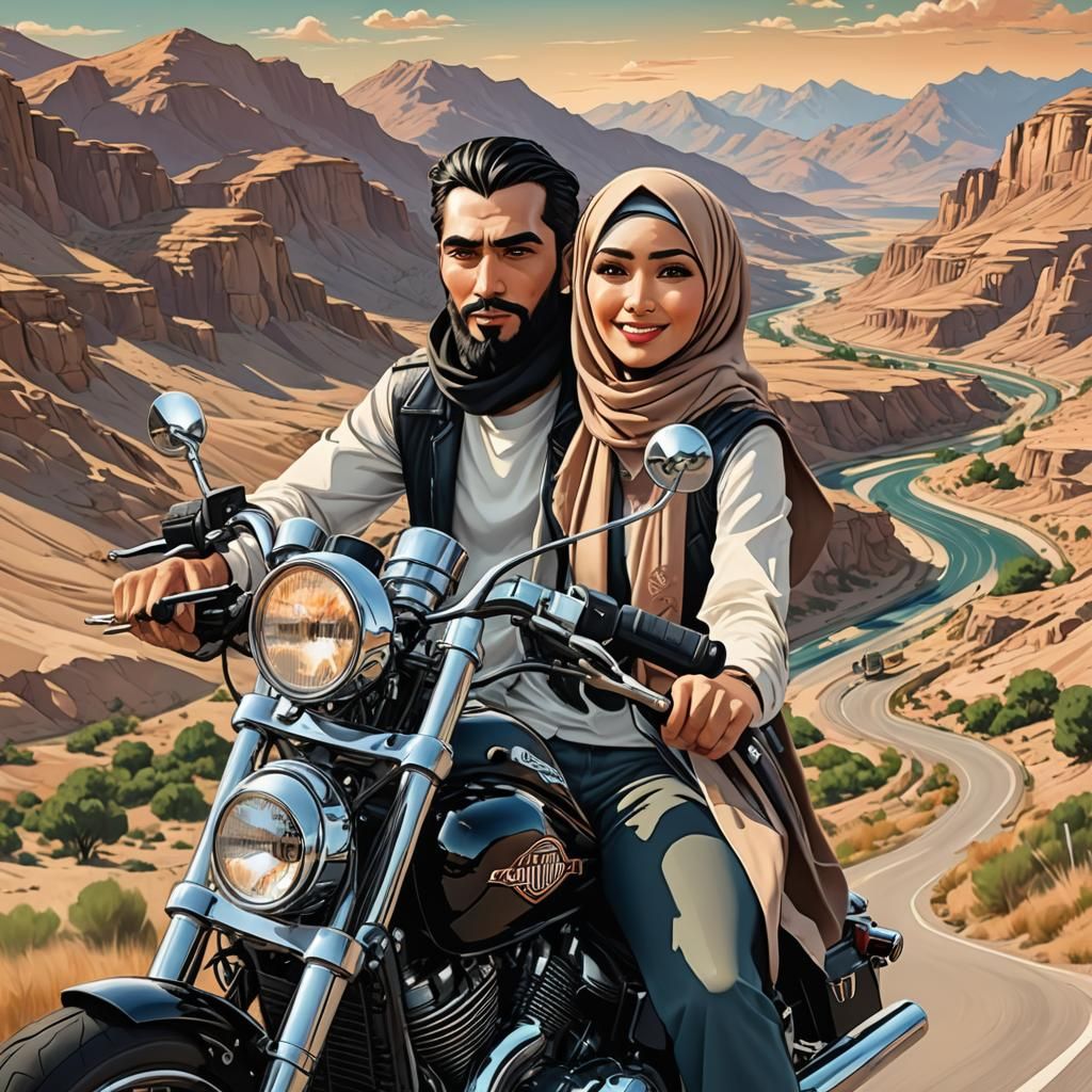 Handsome Man and Woman on Motorcycle in Anime Style
