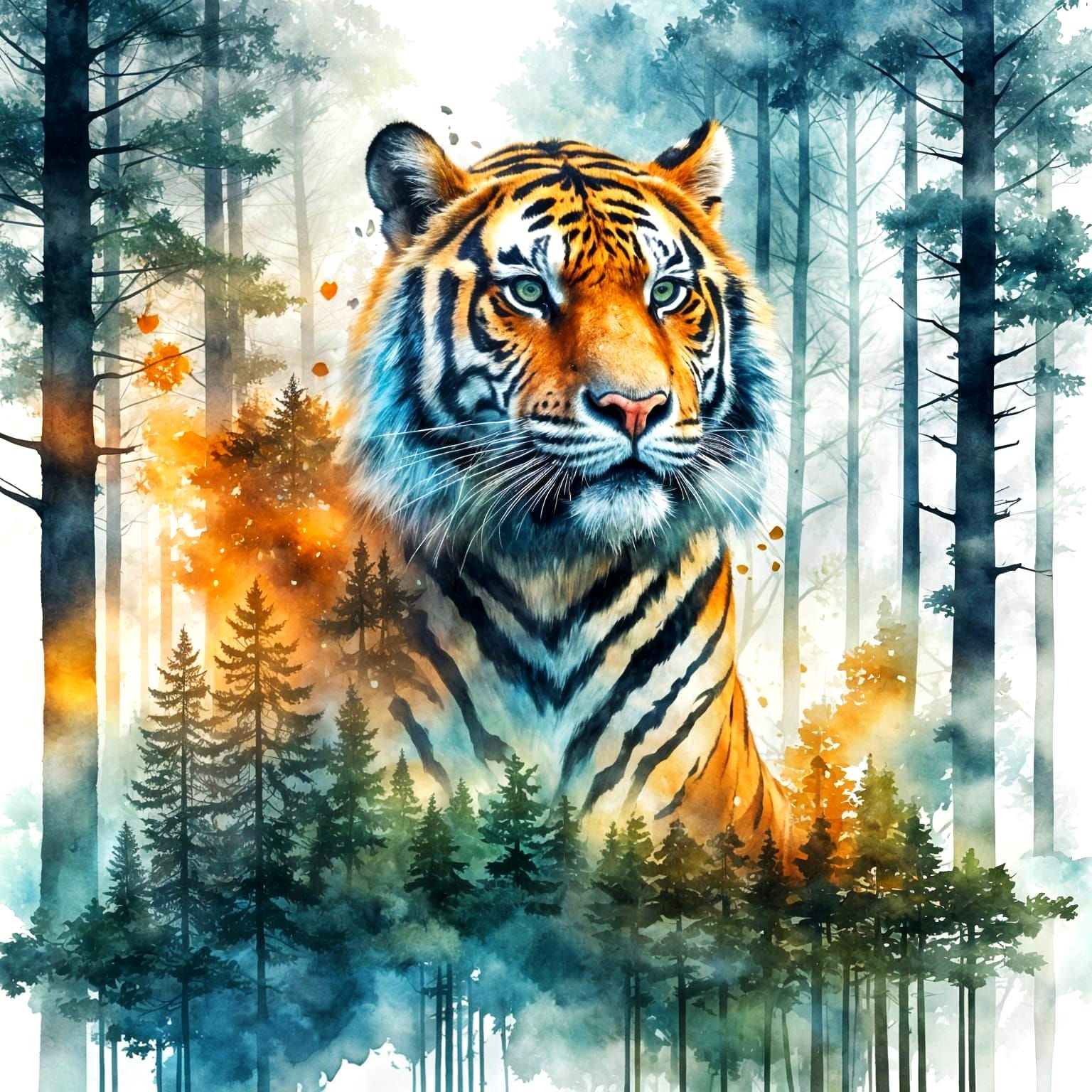 Tiger and Siberian Forest Double Exposure Art