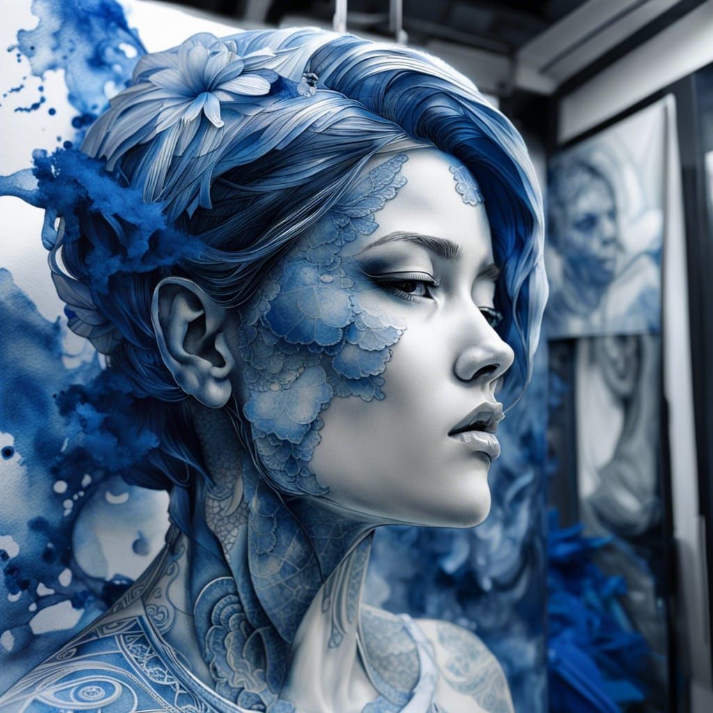 Hyperrealistic Paper Sculpture of Sad Tattooed Woman