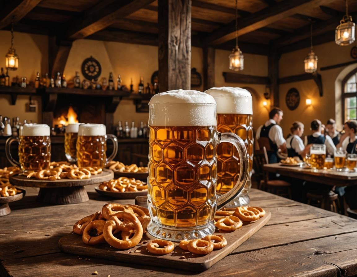 Traditional Bavarian Oktoberfest Scene with Beer and Pretzel...