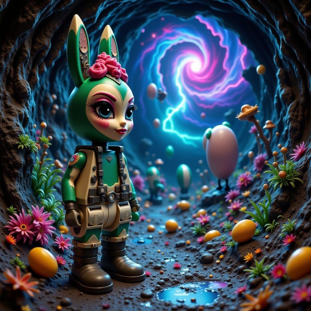 Claymation Pinup Alien Queen with Dystopian Pickle Rick